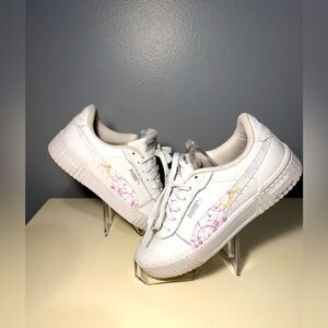 Puma White Sneakers with Subtle Pink and Yellow Details Womens 8.5